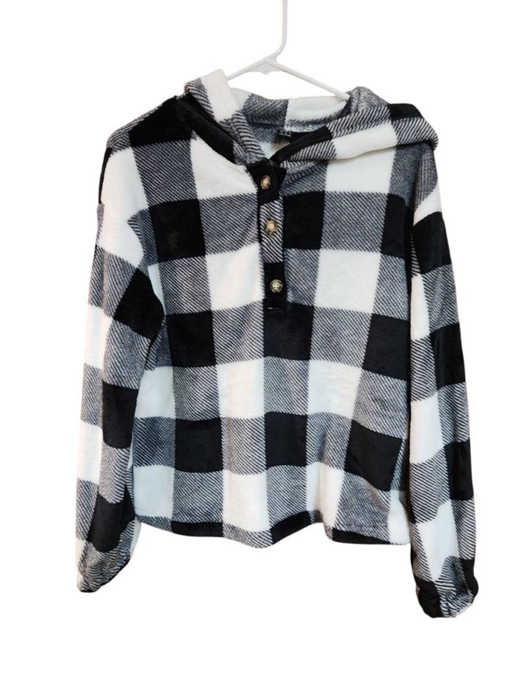 Shein Womens Black & White Plaid Fleece Hoodie Long Sleeve 3/4 Button-Up Size S